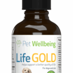 A brown dropper bottle labeled Dog Cancer Support - Life Gold by Pet Wellbeing features images of a dog and cat. This herbal product is formulated to support quality of life in dogs and cats.