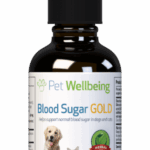 A brown glass dropper bottle labeled Blood Sugar Gold - Dog/Canine Diabetes Support by Pet Wellbeing, featuring a dog and cat image. The 2 fl oz label states it is an herbal supplement for pets.