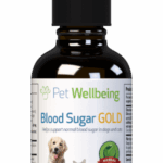 A brown glass dropper bottle labeled Blood Sugar Gold - Cat/Feline Diabetes Support by Pet Wellbeing with images of a cat and dog, designed to help maintain normal blood sugar in pets. The label states it is an herbal formula.
