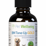 A brown dropper bottle labeled BM Tone-Up Gold - Cat Diarrhea Support by Pet Wellbeing, featuring images of a dog and cat, described as a herbal supplement for pets to support healthy, solid stools.