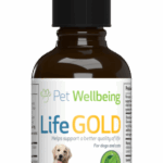 A brown dropper bottle labeled Cat Cancer Support - Life Gold by Pet Wellbeing, showing a dog and cat. The herbal formula supports a better quality of life for pets. Net contents: 2 fl oz (59 ml).