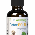 A brown glass dropper bottle labeled Detox Gold for Dogs - Life Gold by Pet Wellbeing features dog and cat images, supports detoxification, and contains 2 fl oz of herbal supplement. Suitable for both dogs and cats.