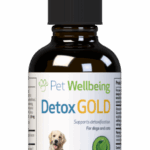 A brown glass dropper bottle labeled Detox Gold for Cats – Life Gold by Pet Wellbeing, featuring images of a dog and cat, indicates it’s an herbal detox supplement for cats.
